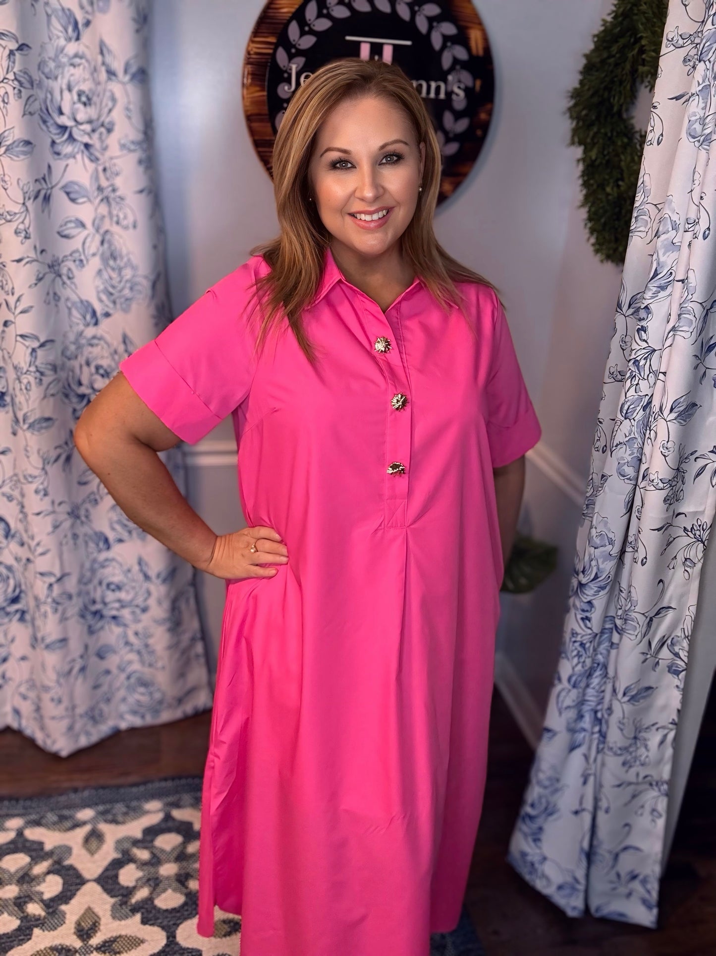 Pink Entro Short Sleeve Midi Dress with Gold Buttons