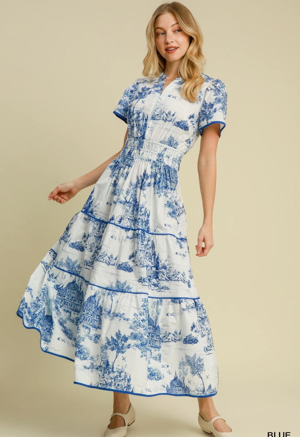 Blue Toile Smocked Waist Dress