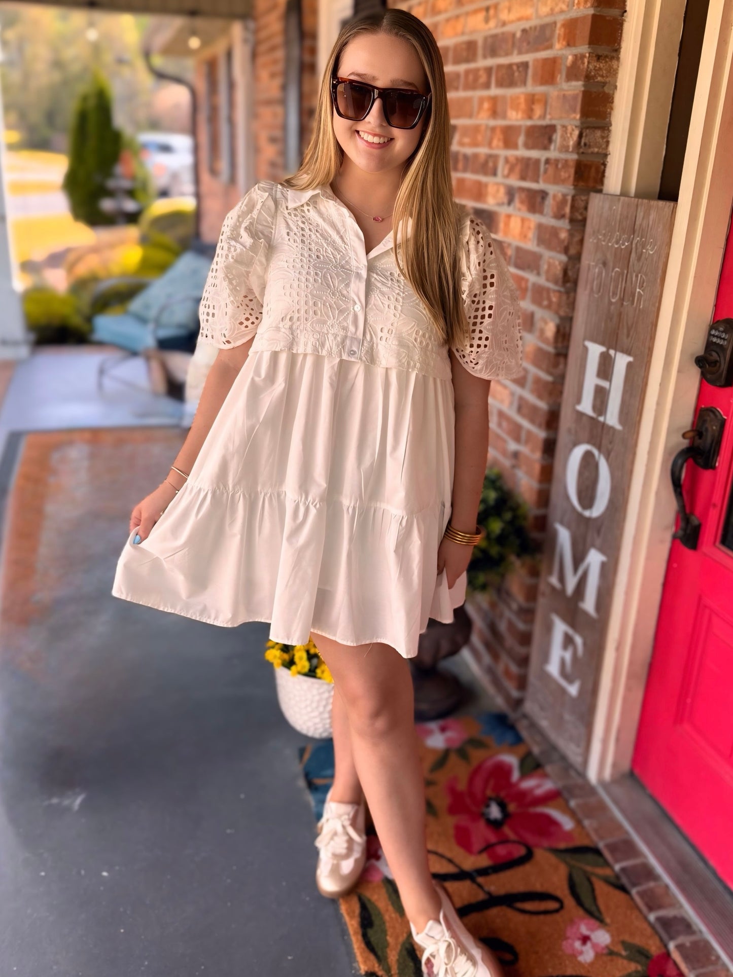 Entro White Eyelet Crochet Ruffle Sleeve Dress