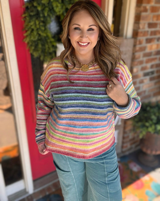 Rainbow Knit Sweater – Multi-Color Striped Pullover Top