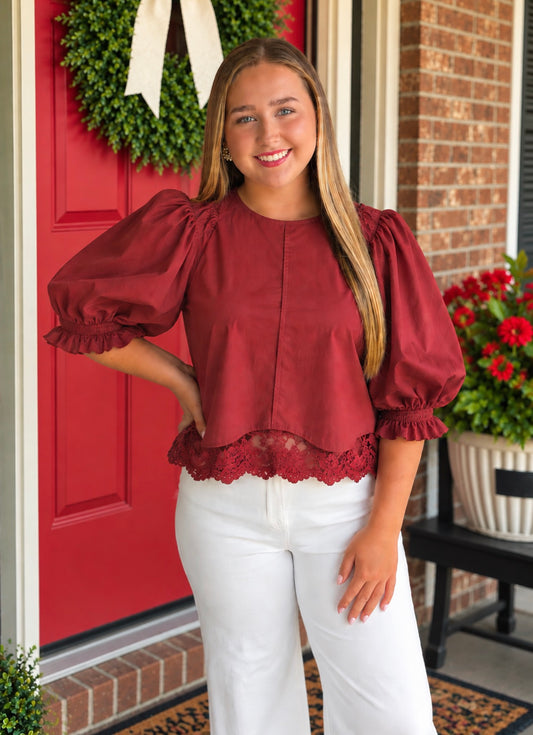 Entro Burgundy Lace Trim Balloon Sleeve Top