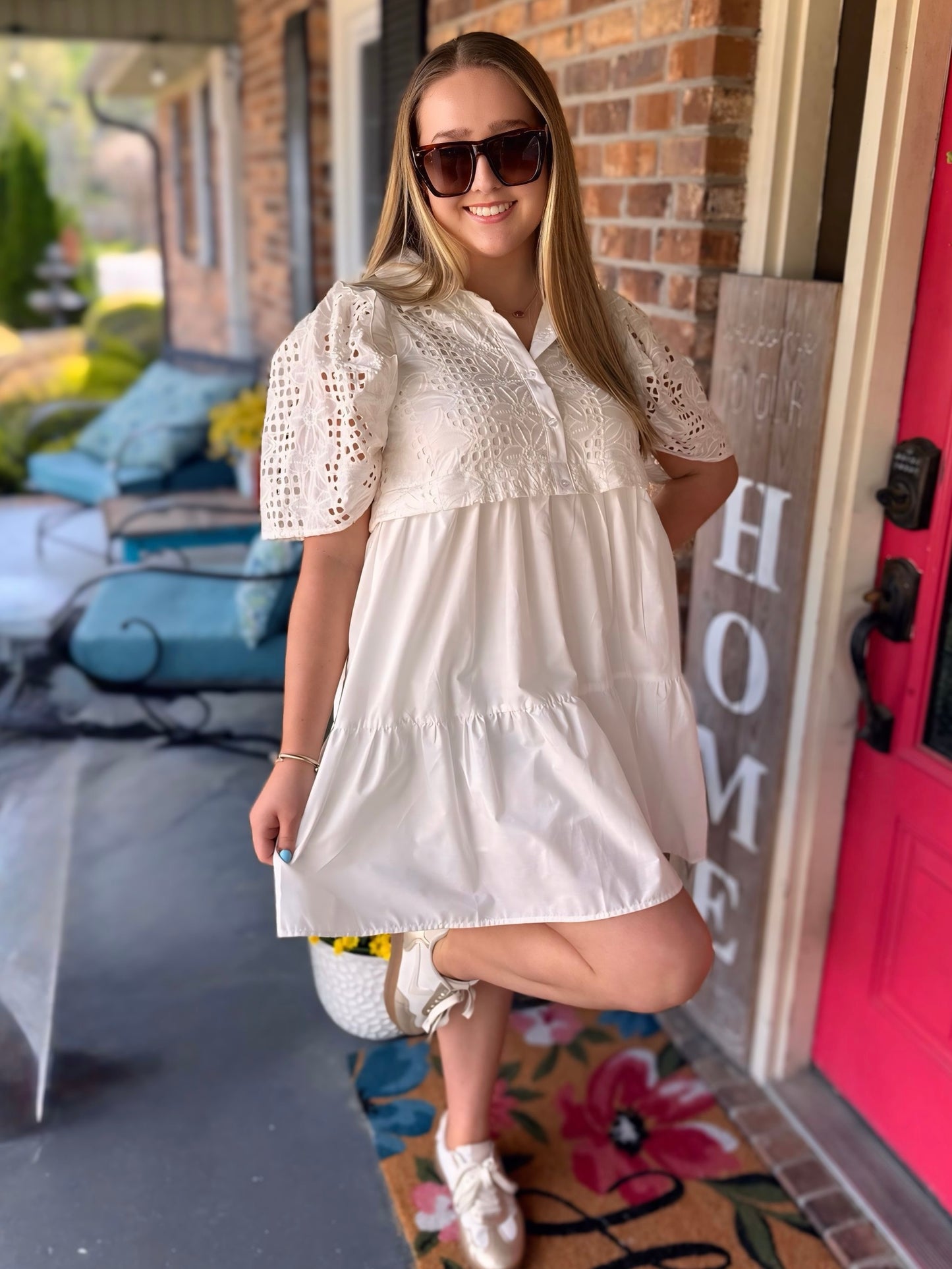 Entro White Eyelet Crochet Ruffle Sleeve Dress