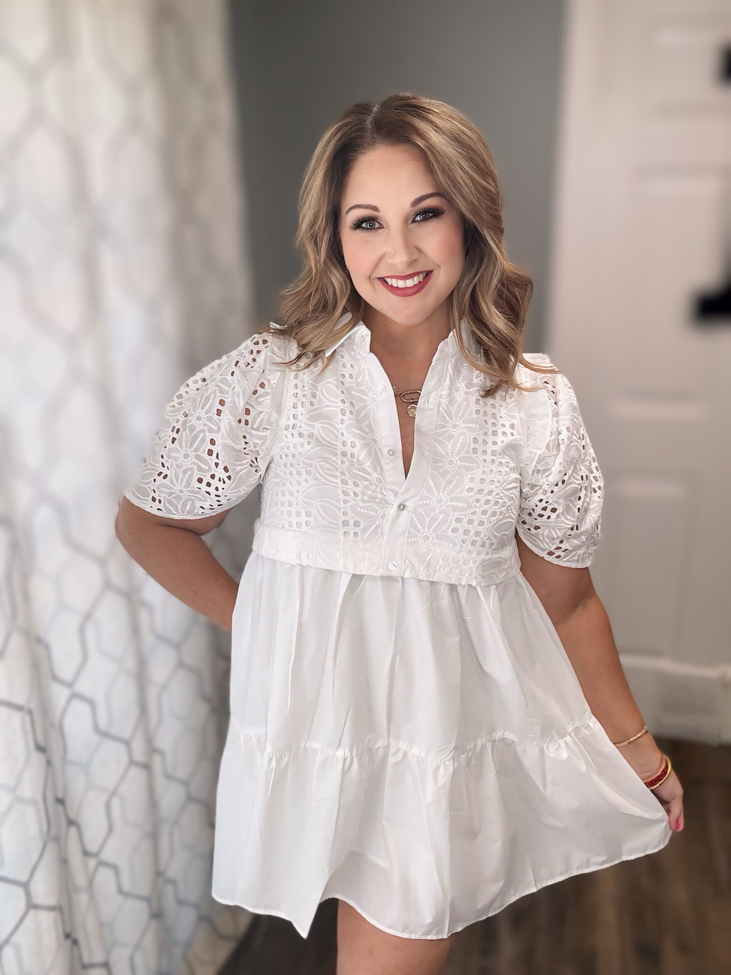 White Eyelet Crochet Ruffle Sleeve Dress