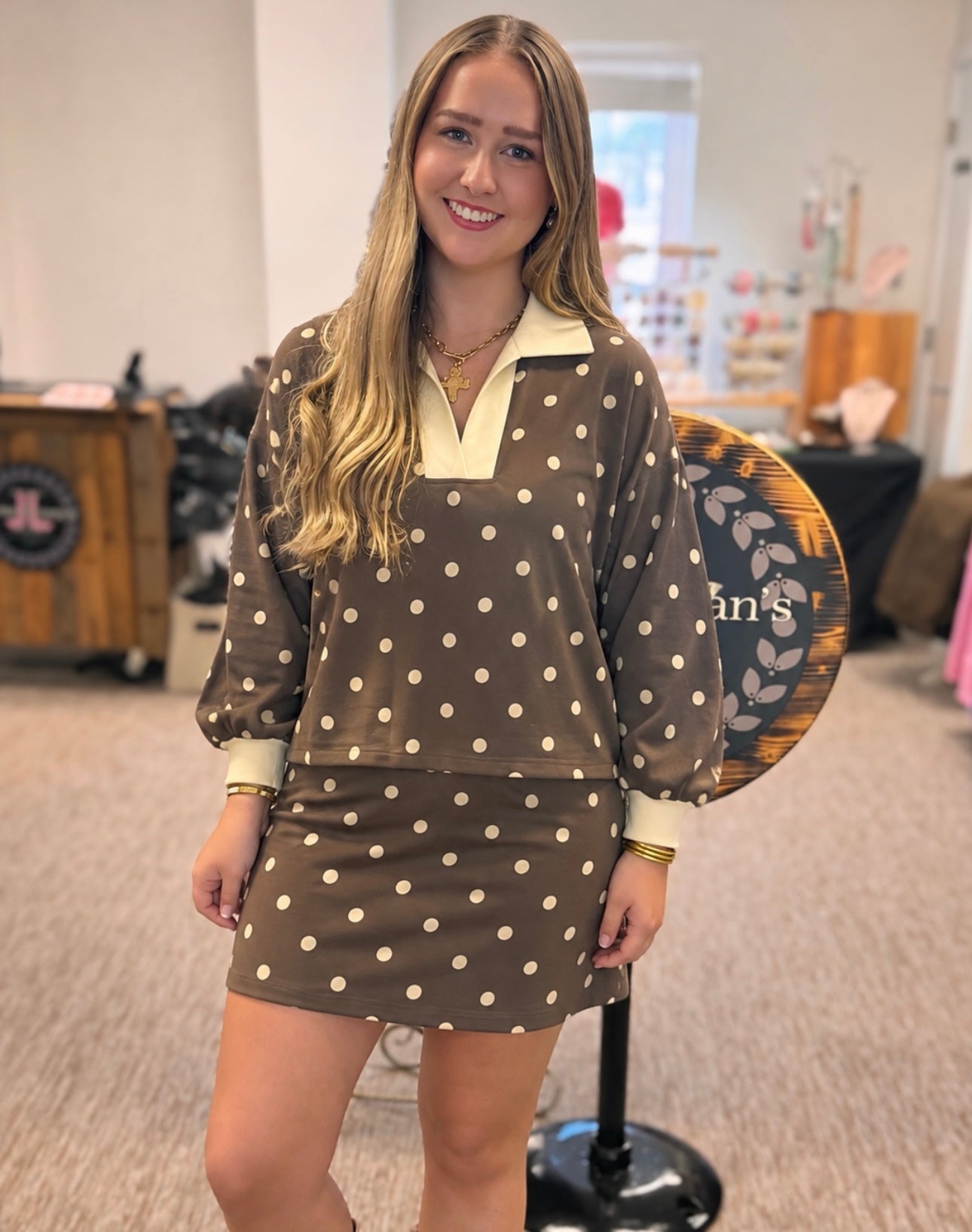 Entro Brown & Ivory Polka Dot Skirt Set | Small–Large in