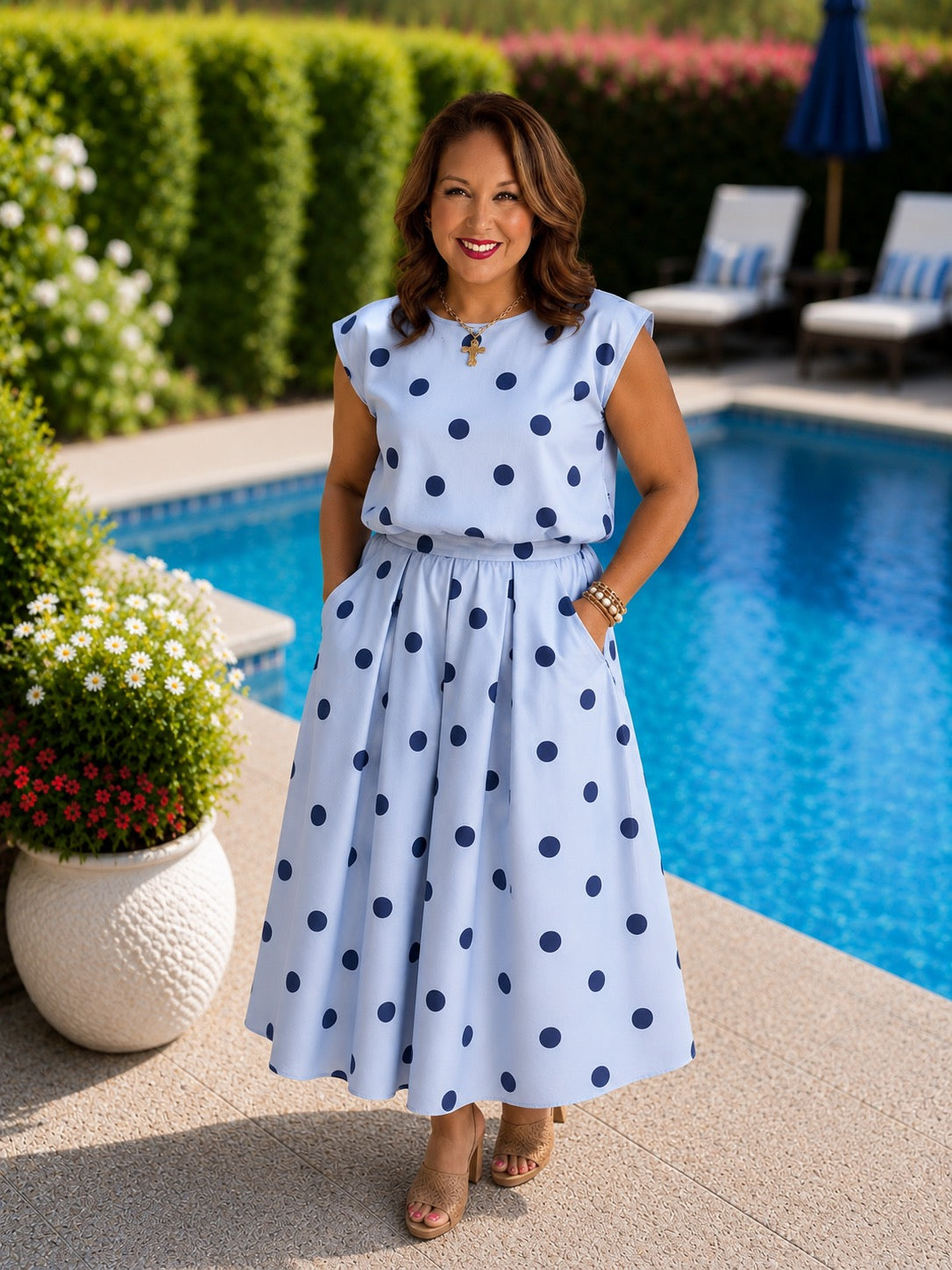 Navy Blue Polka Dot Skirt Set