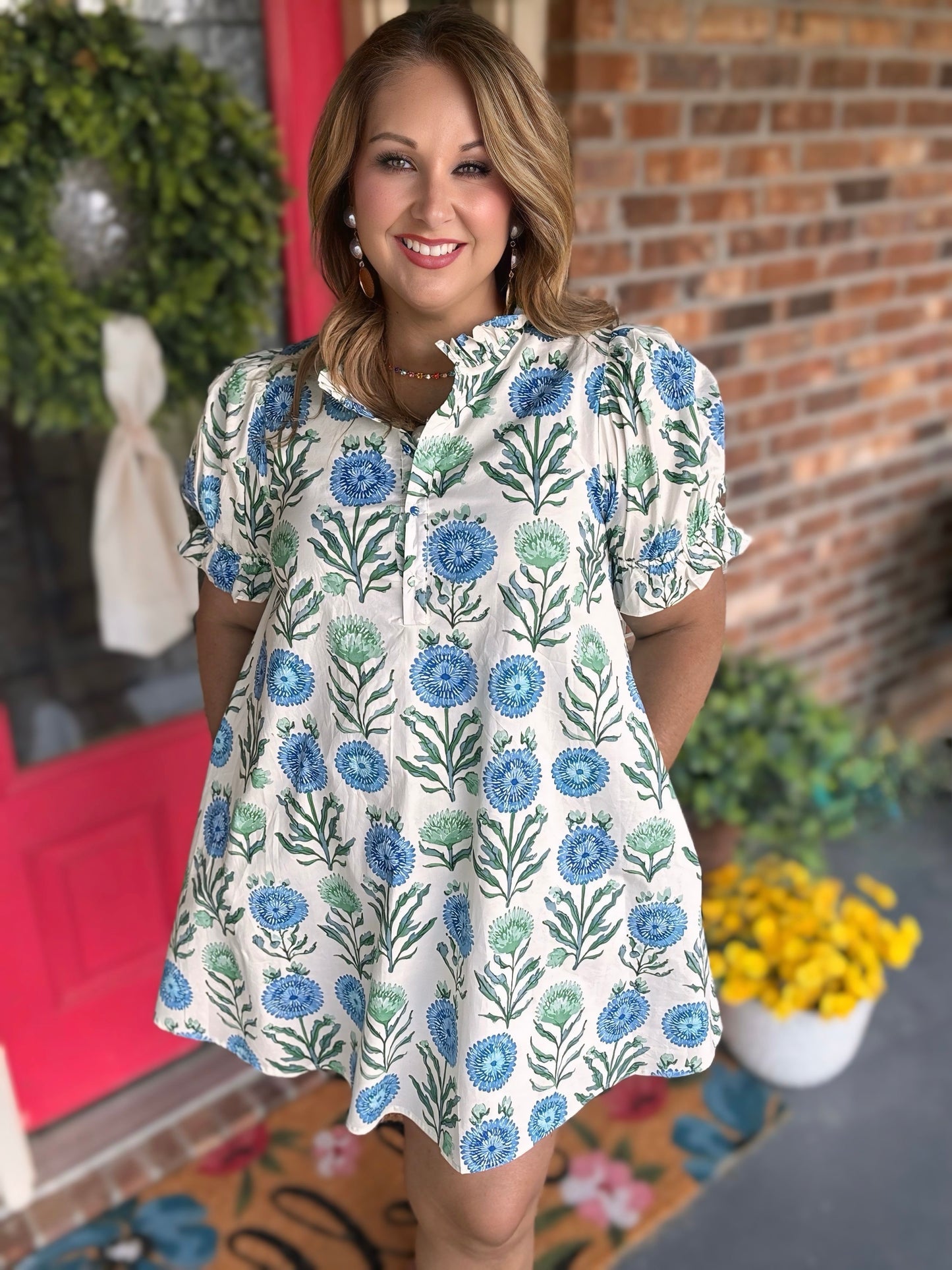 Blue Floral Puff Sleeve Babydoll Dress