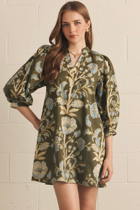 Entro Olive Floral Puff Sleeve Mini Dress