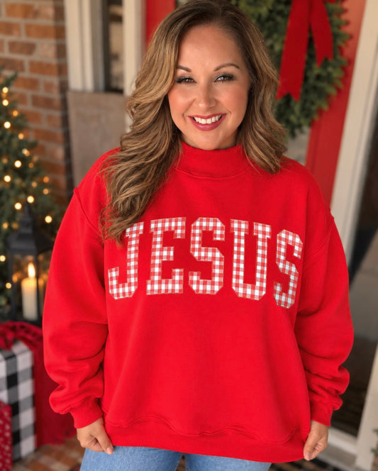 Jesus Gingham Oversized Mock Neck Sweatshirt – Red