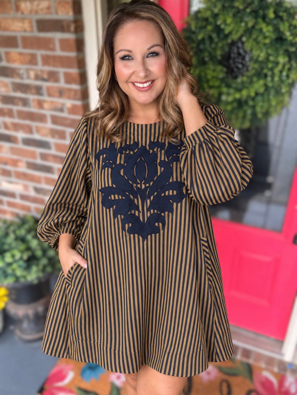 Umgee Navy Striped Floral Embroidery Shift Dress