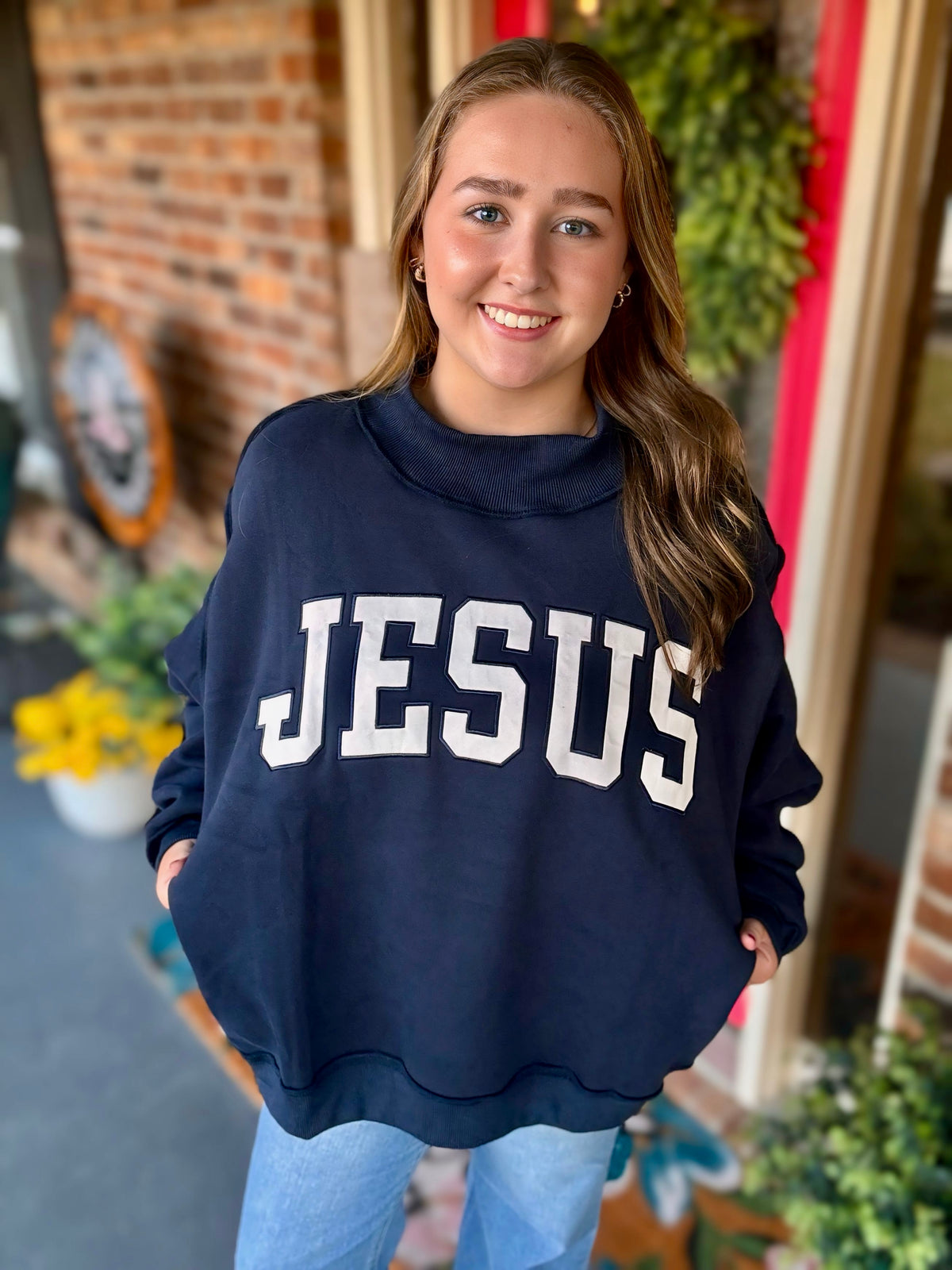 Bucket List JESUS Embroidered Mock Neck Sweatshirt