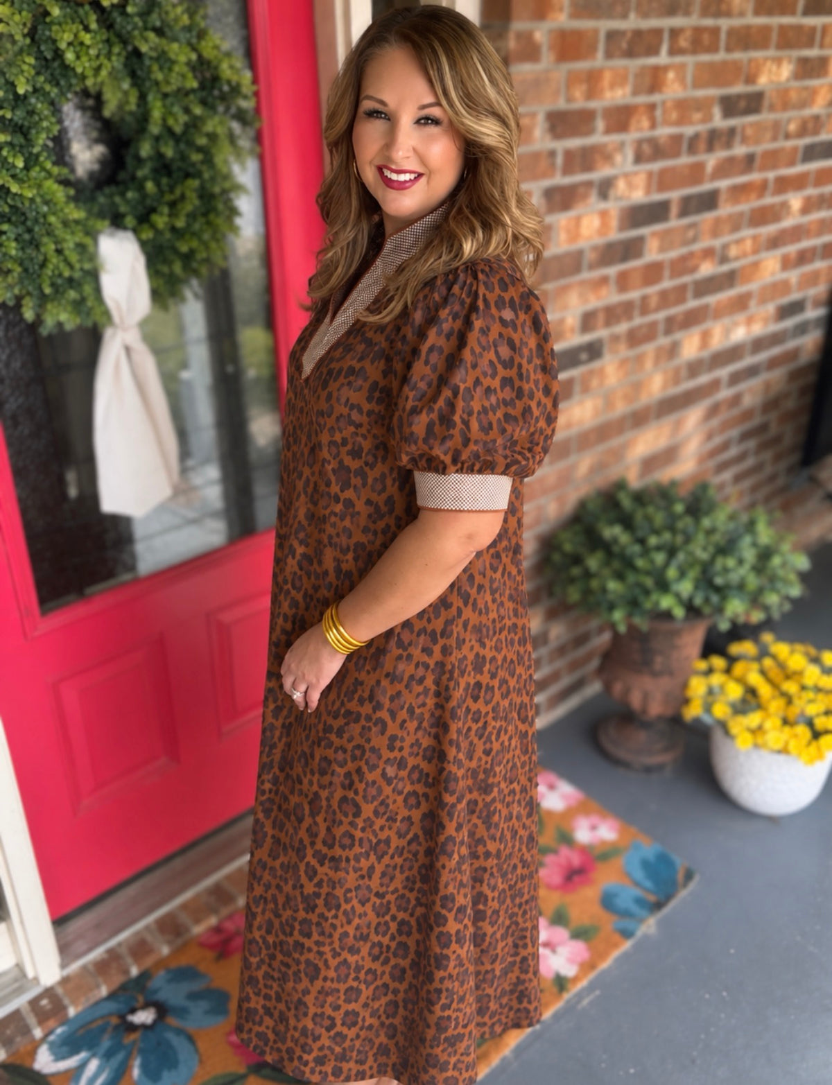 Entro Brown Leopard Print Gingham Trim Midi Dress