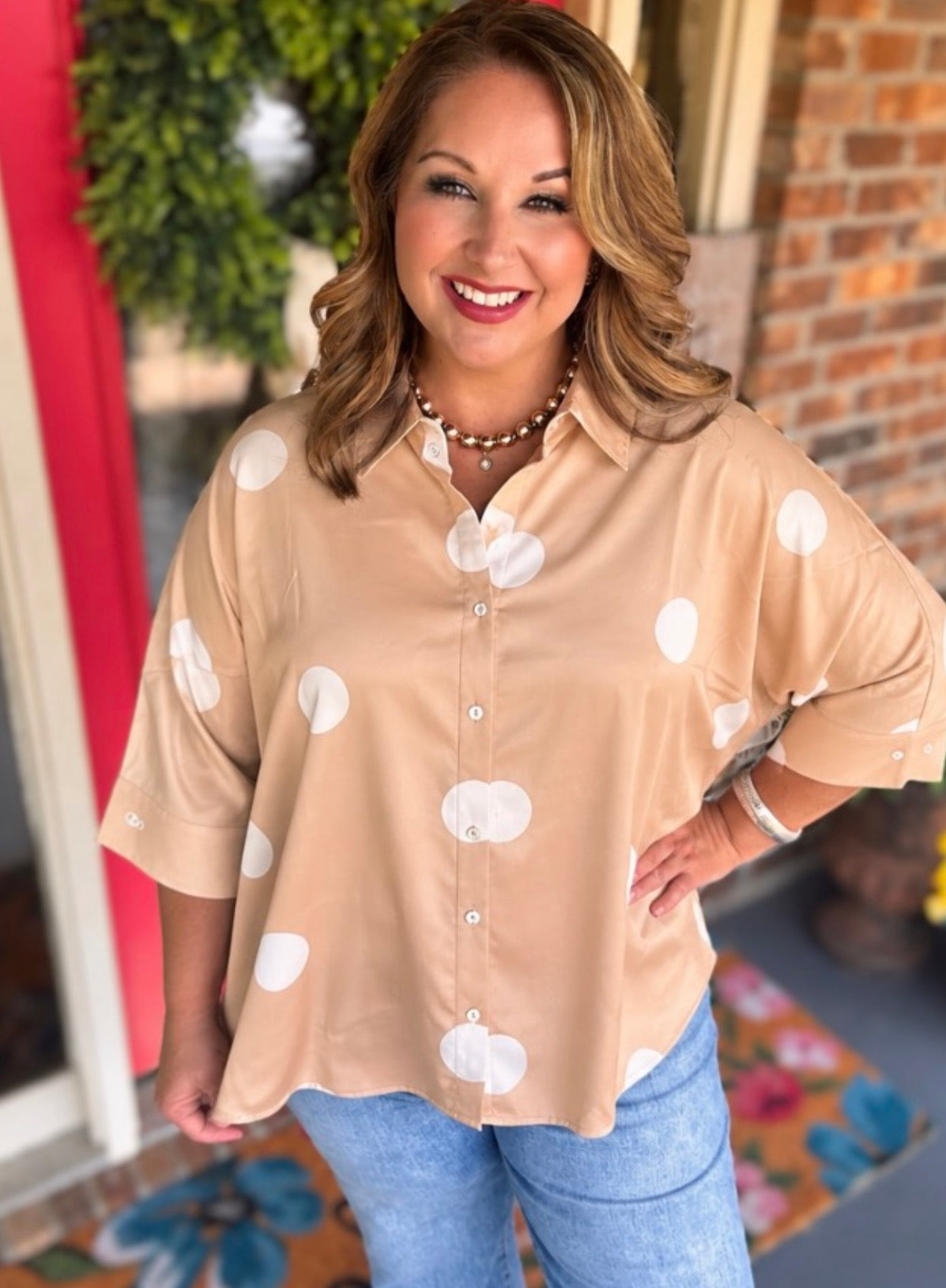 Entro Latte Polka Dot Collared Top