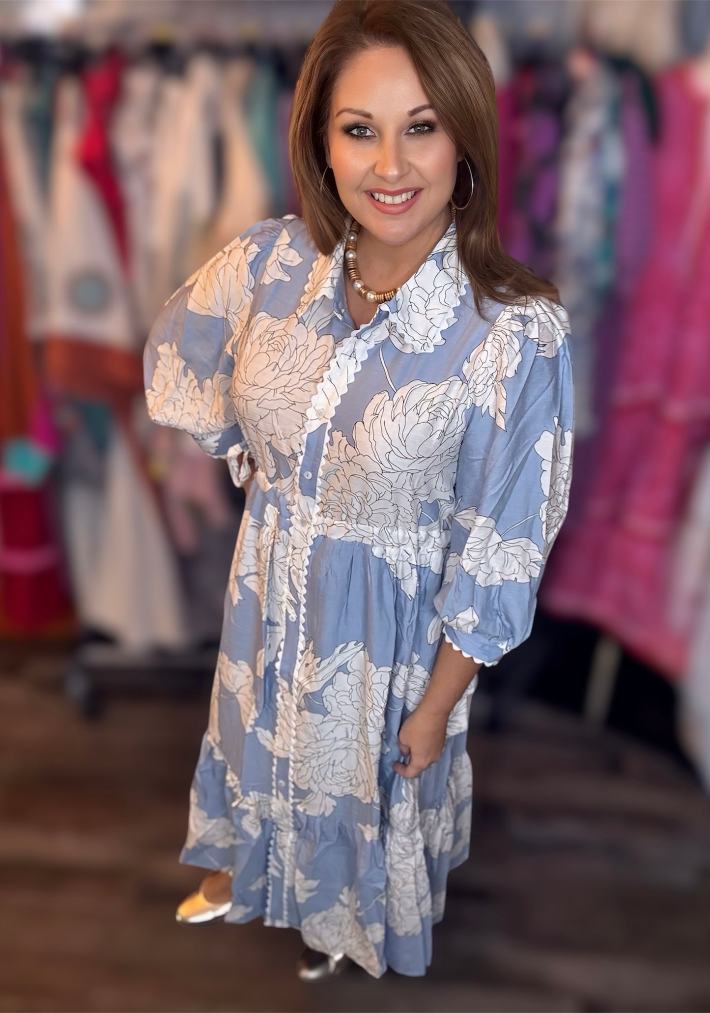 Blue- FLORAL BUTTON DOWN MIDI DRESS