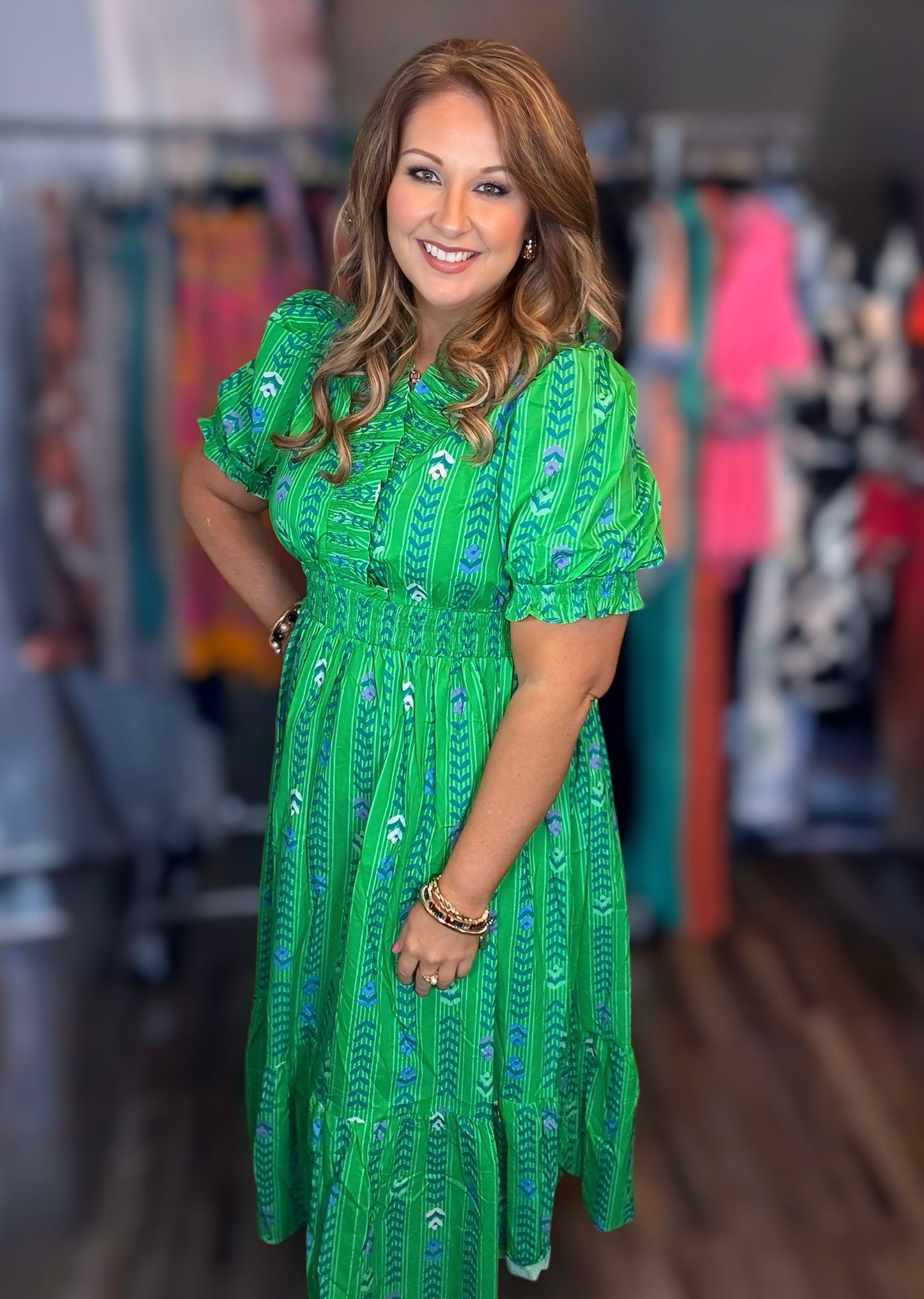 Green Ruffle Smocked Dress
Fit & Model Notes