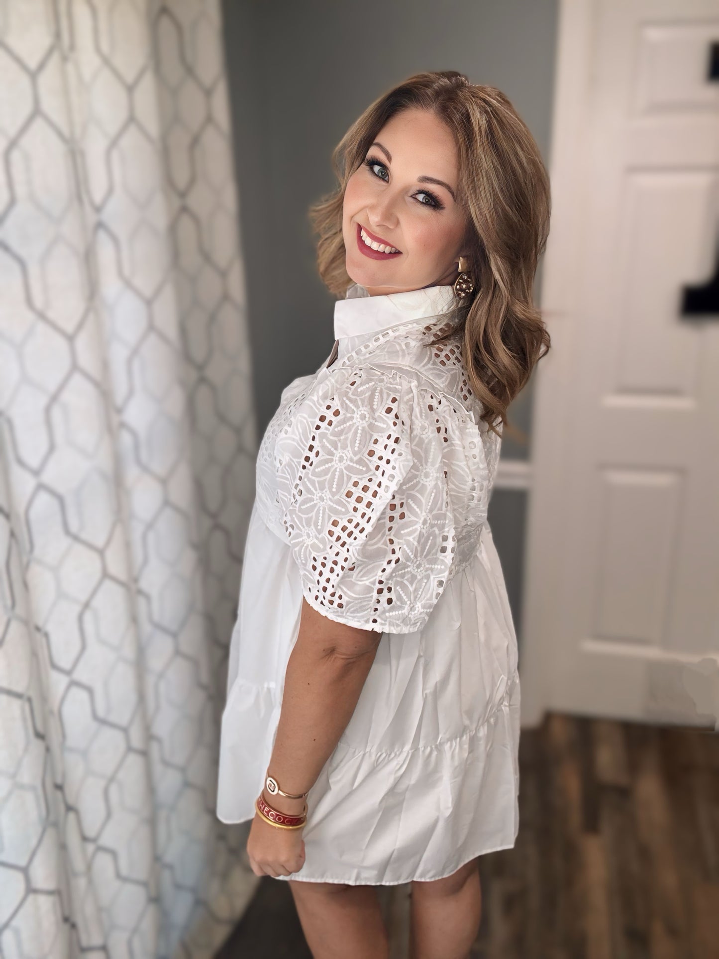 White Eyelet Crochet Ruffle Sleeve Dress