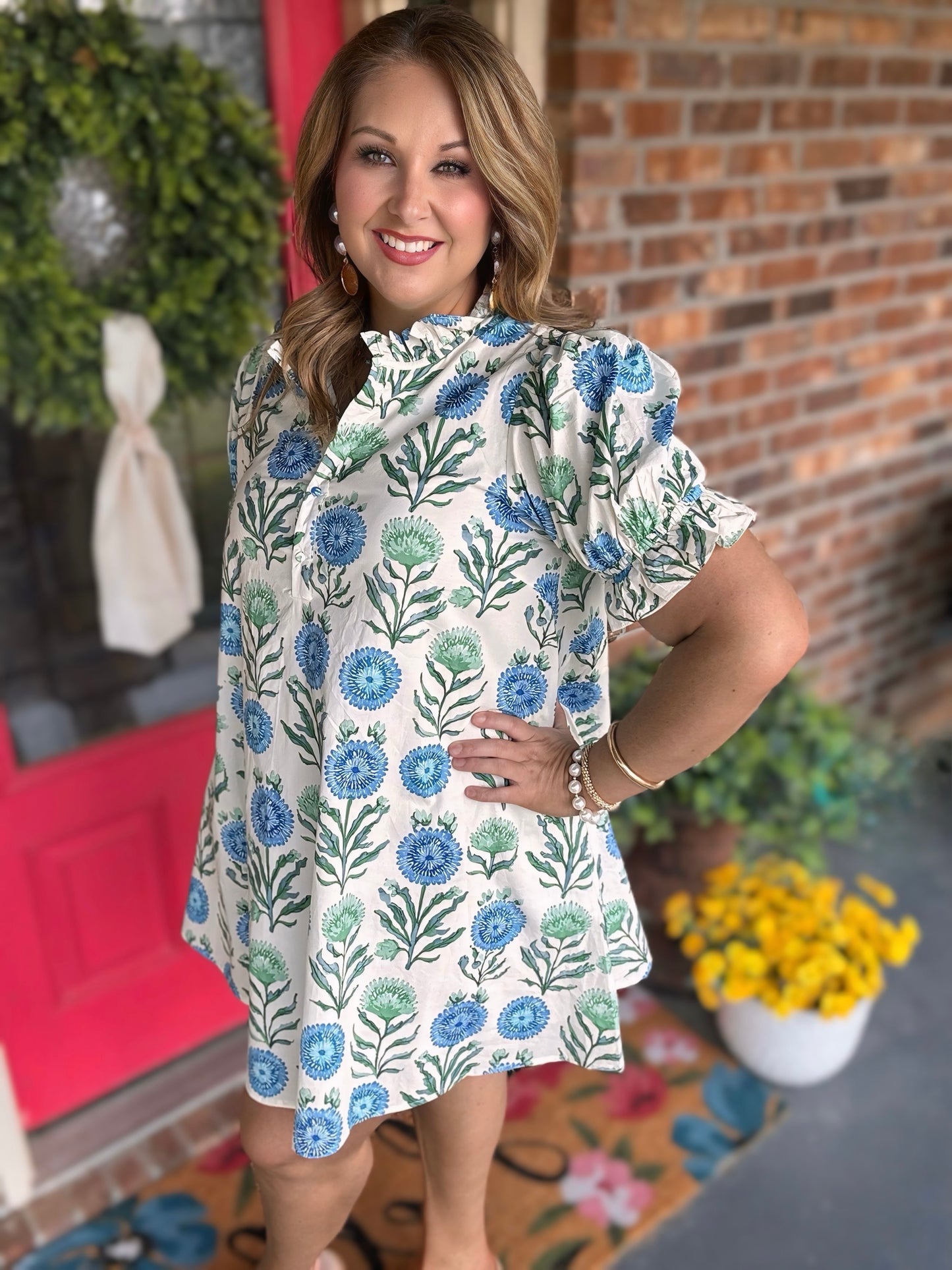 Blue Floral Puff Sleeve Babydoll Dress