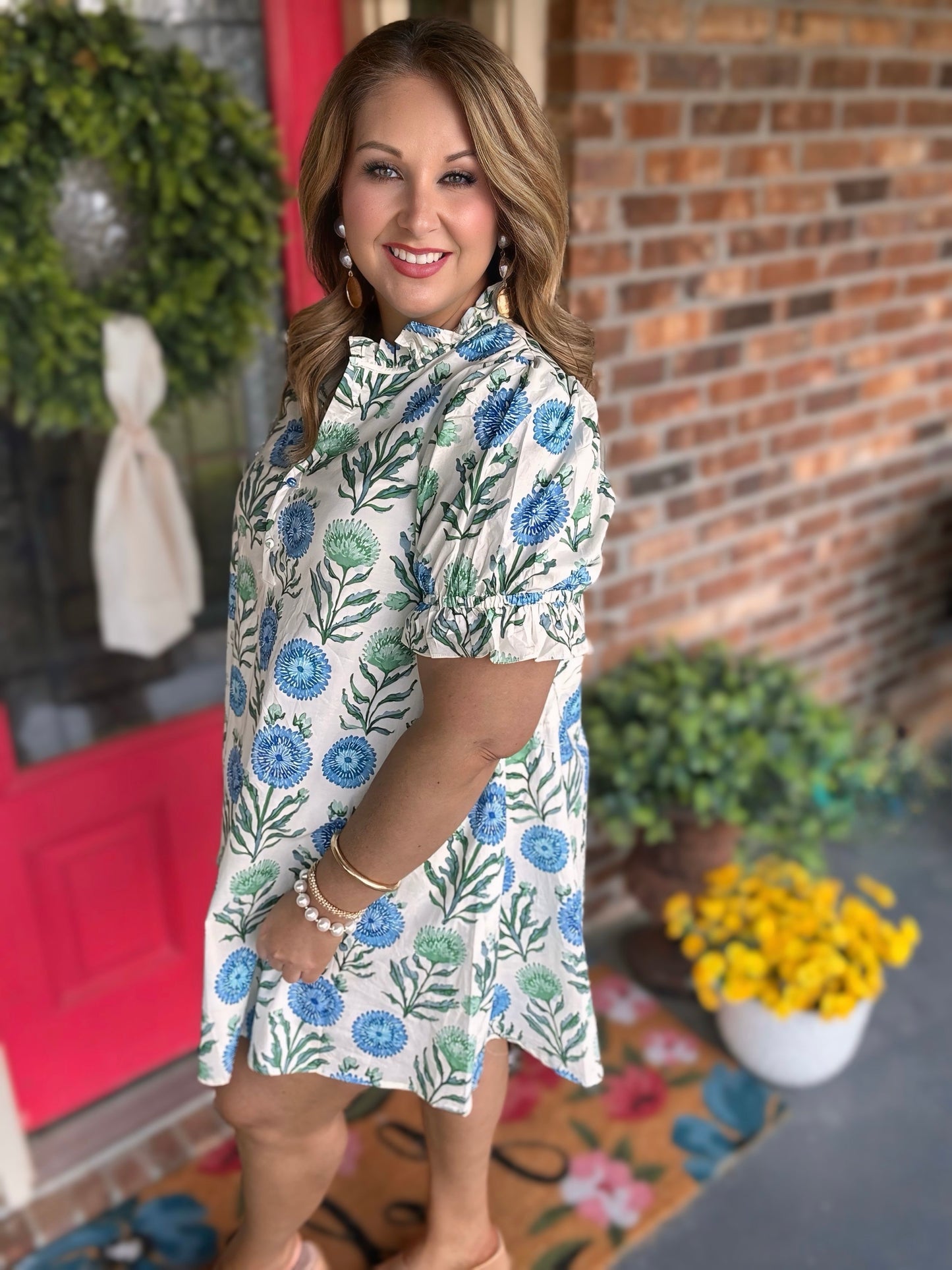 Blue Floral Puff Sleeve Babydoll Dress