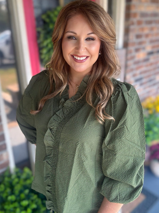 Textured Ruffle Trim Blouse with 3/4 Sleeves