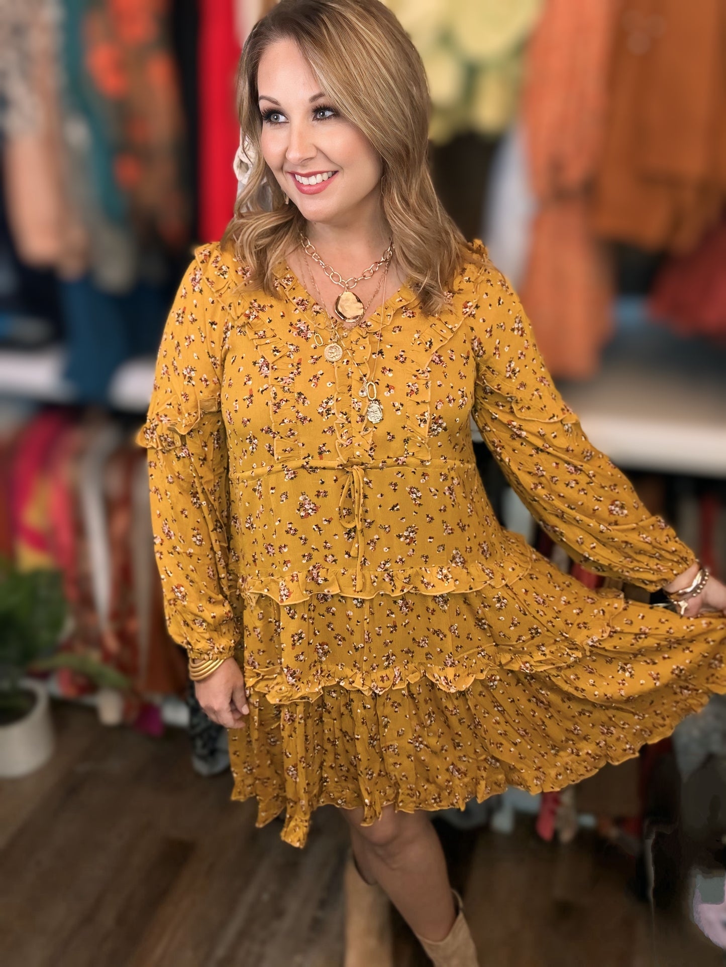 FLOWER PATTERNED DRESS in MUSTARD