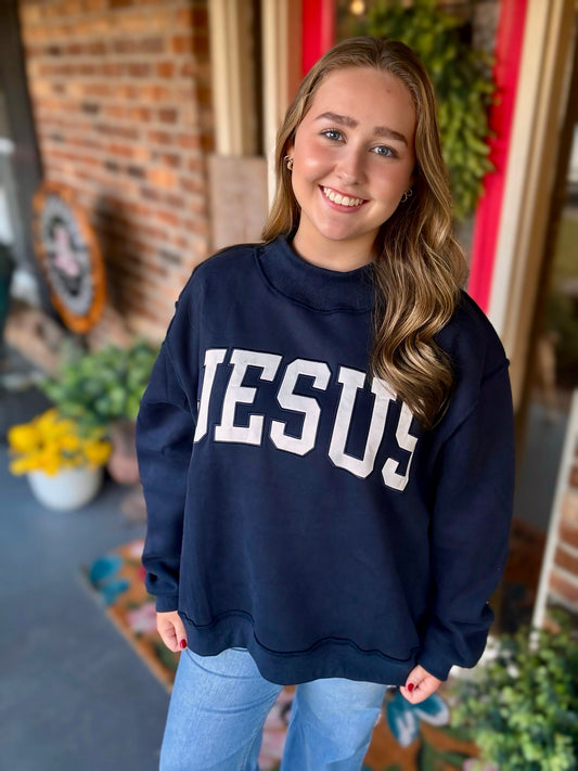 Bucket List JESUS Embroidered Mock Neck Sweatshirt