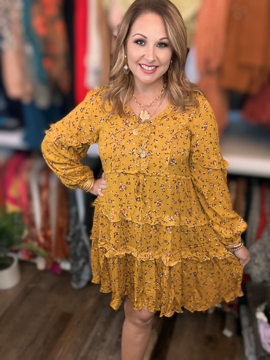 FLOWER PATTERNED DRESS in MUSTARD