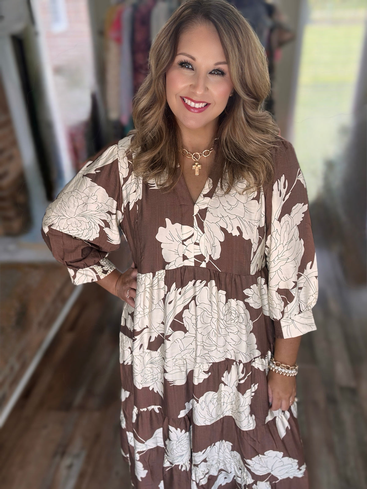 Umgee Brown Floral Tiered Maxi Dress with Ruffle Collar