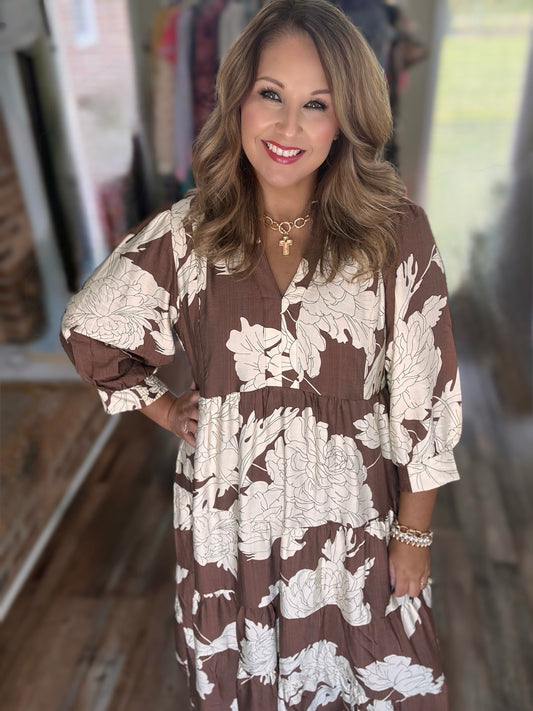 Umgee Brown Floral Tiered Maxi Dress with Ruffle Collar