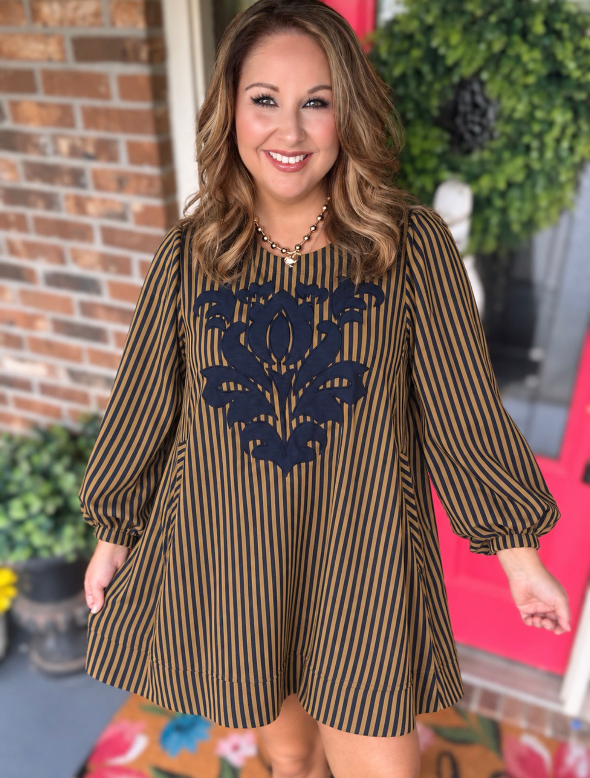 Umgee Navy Striped Floral Embroidery Shift Dress