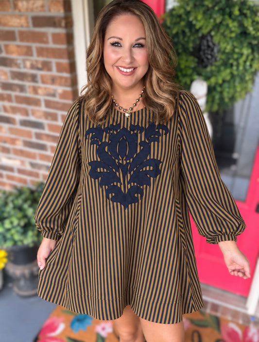 Umgee Navy Striped Floral Embroidery Shift Dress