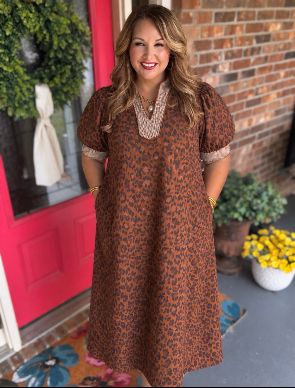 Entro Brown Leopard Print Gingham Trim Midi Dress