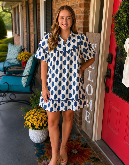 Blue Easel POLKA DOTS LINEN MINI DRESS