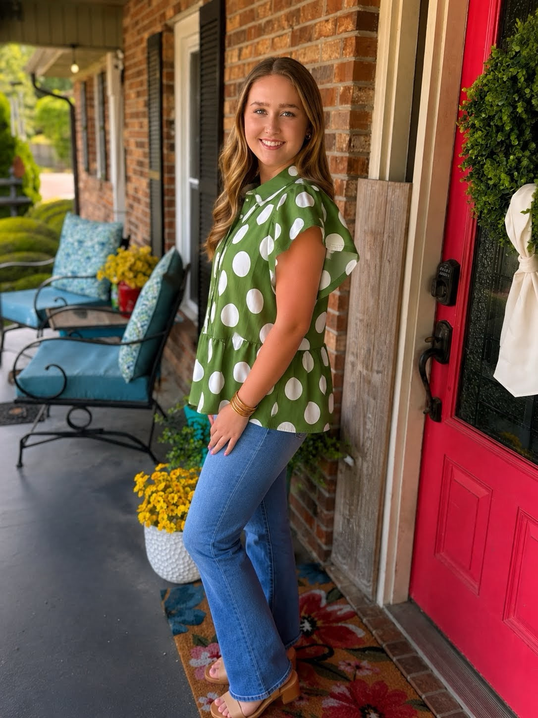 Easel Green POLKA DOTS BUTTON DOWN RUFFLE TOP