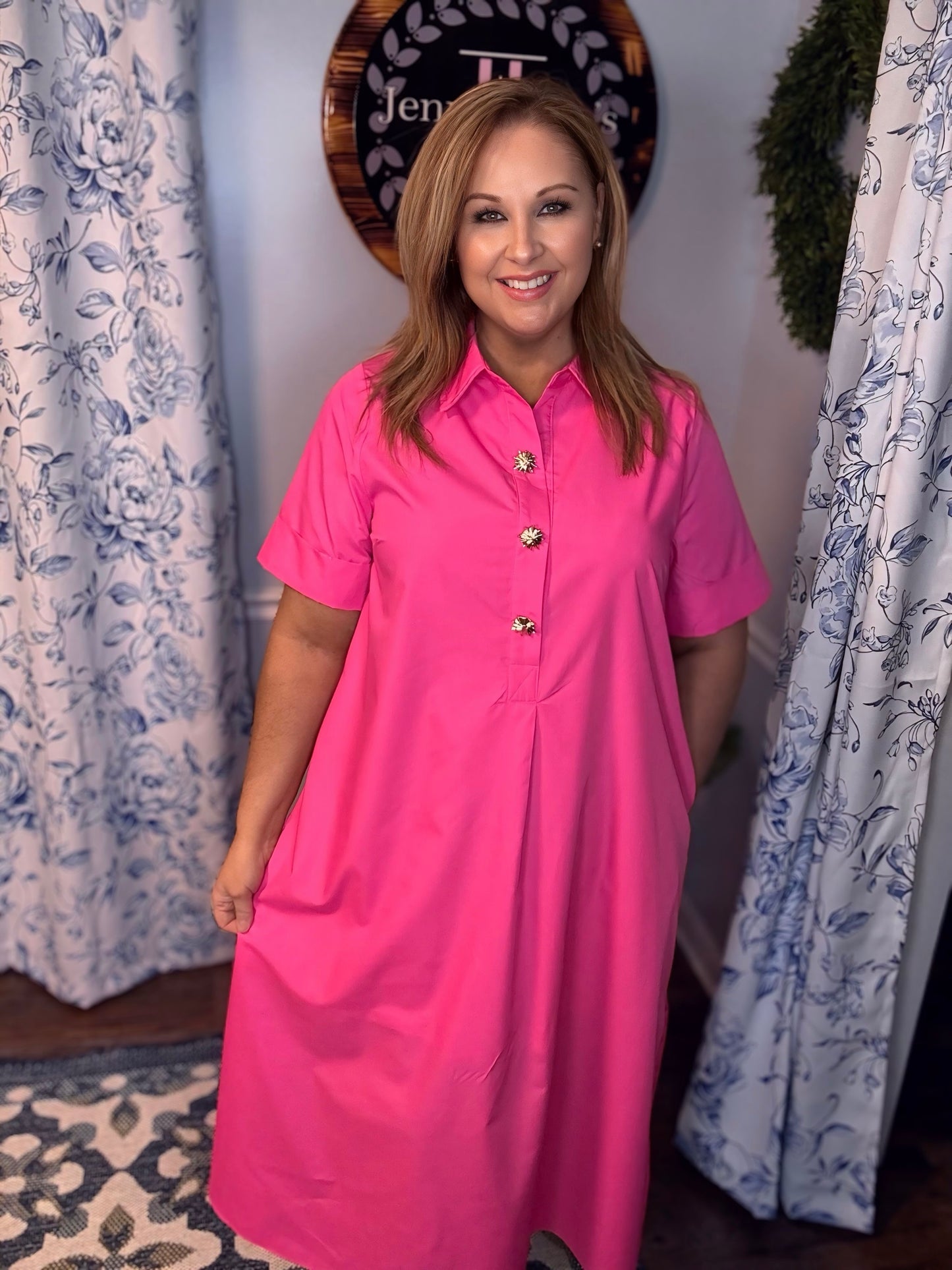 Pink Entro Short Sleeve Midi Dress with Gold Buttons