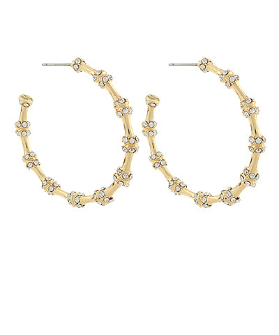 Gold Pave Crystal Station Bamboo Hoops