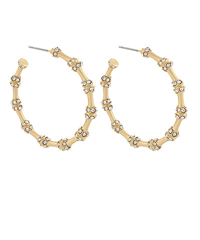 Matte Gold Pave Crystal Station Bamboo Hoops