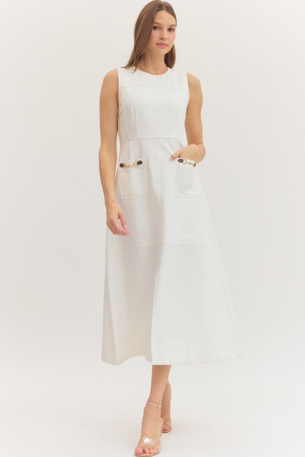 Entro Off White Denim Sleeveless Midi Dress