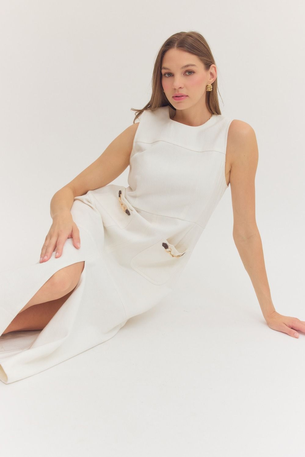 Entro Off White Denim Sleeveless Midi Dress