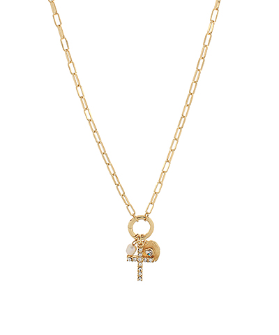 Pearl Heart & Pave Cross Multi Pendant Necklace