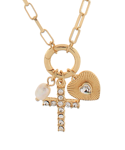 Pearl Heart & Pave Cross Multi Pendant Necklace