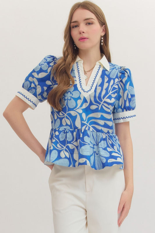 Blue Entro Floral V-neck Top