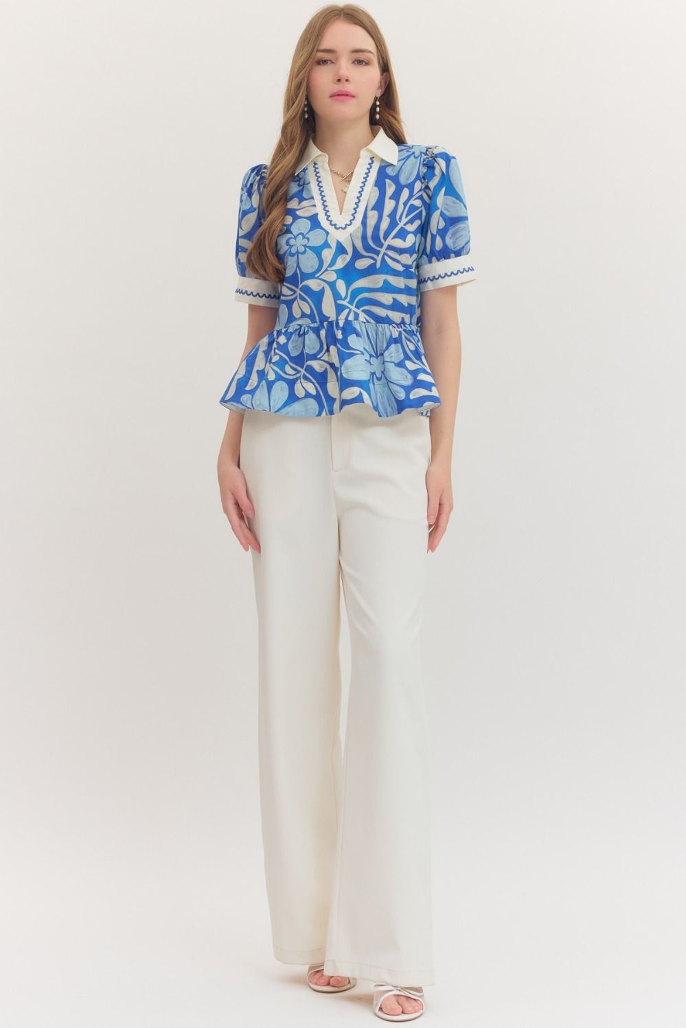 Blue Entro Floral V-neck Top