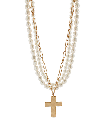 3 Layered Pearl & Cross Pendent Necklace