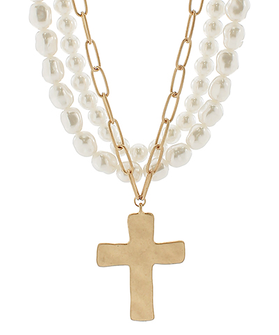 3 Layered Pearl & Cross Pendent Necklace