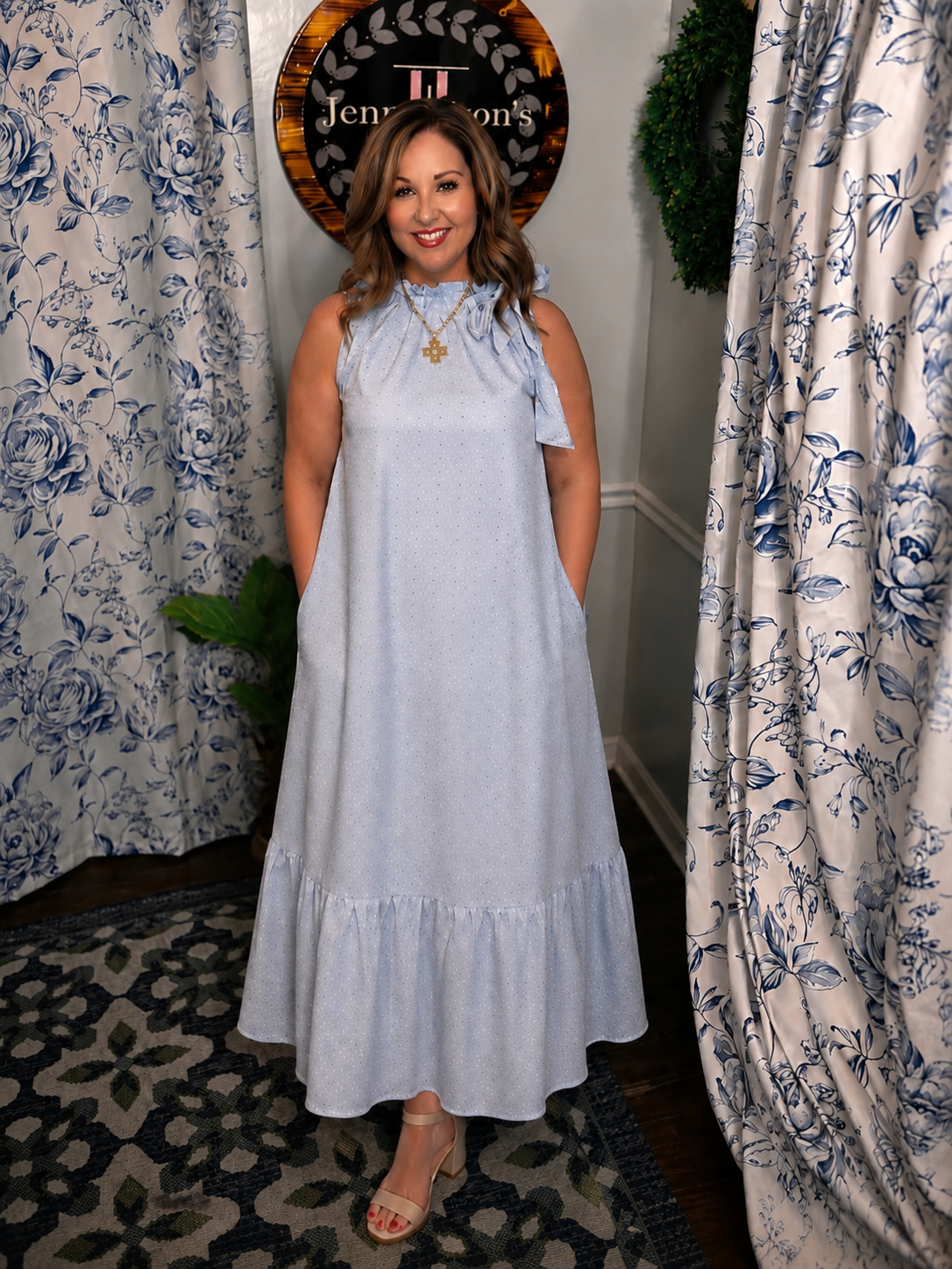 Ruffle Neck Tie Sleeveless Dot Pattern Midi Dress