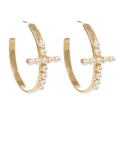 Pearl Cross Accent Brass Hoops