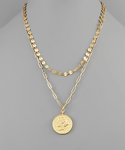 Coin Charm Disk & PaperClip Chain Necklace