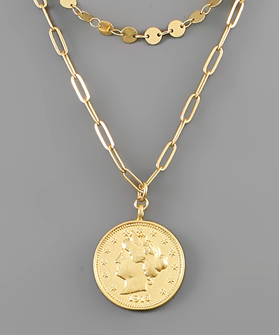 Coin Charm Disk & PaperClip Chain Necklace