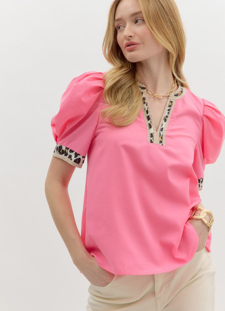 Pink Animal Print Trim Top