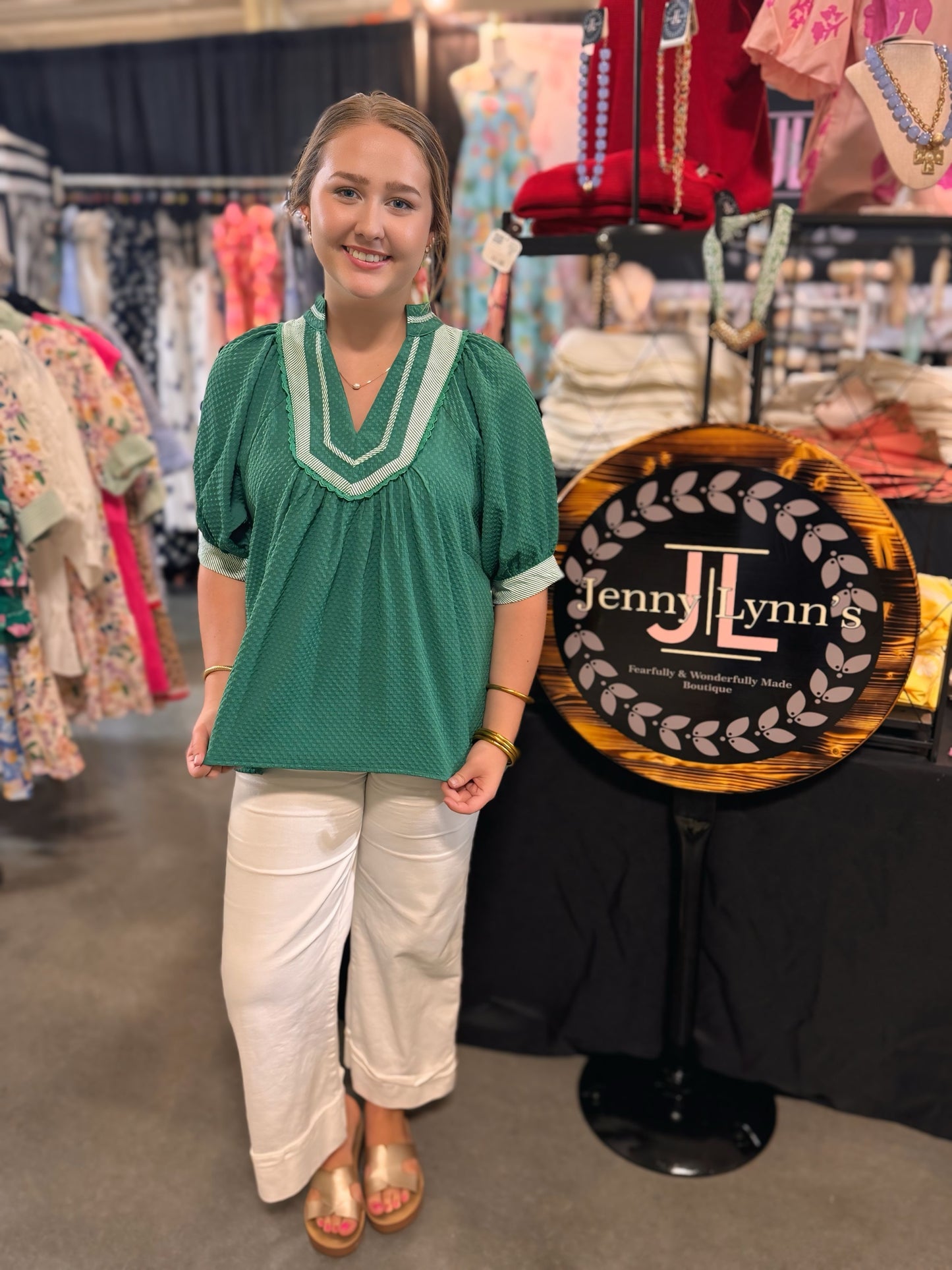 Green Textured Jacquard Contrast Trim Top