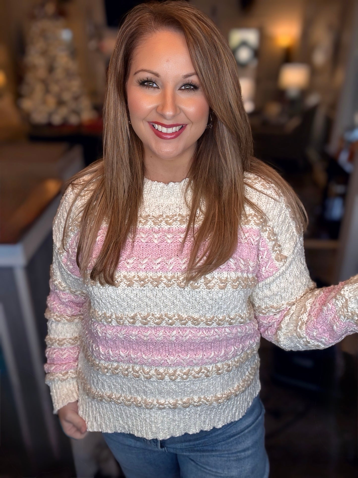 Pink/Cream Color Block Knit Sweater Top